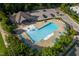 Aerial view of the community pool with lounge chairs, umbrellas, and plenty of space for relaxation at 2007 October Dr, Durham, NC 27703