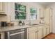 Kitchen with stainless steel dishwasher, light granite countertops and undermount sink under double windows at 211 W Trinity Ave, Durham, NC 27701