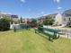 Green picnic tables and a glimpse of the community pool in the background at 215 Brier Summit Pl, Durham, NC 27703