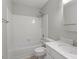 Bathroom with white countertop vanity and shower/bath combo at 2208 Pathway Dr, Chapel Hill, NC 27516