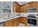 Modern kitchen with stainless steel appliances, wood cabinets, and a subway tile backsplash at 2605 Bloomsberry Ridge Dr, Fuquay Varina, NC 27526