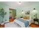 Bedroom with green walls, wood floors, and ensuite bathroom at 3213 Mid Pines Rd, Raleigh, NC 27606