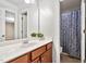Bright bathroom showcasing a vanity with a sleek countertop and a stylish mirror with a decorative plant accent at 406 Dairy Farm Dr, Hillsborough, NC 27278
