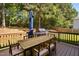 View of outdoor deck with grill, patio table, umbrella, and wooded yard at 406 Dairy Farm Dr, Hillsborough, NC 27278