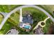 Aerial shot of a grand home with a pool, manicured landscaping, and circular drive in an upscale neighborhood at 4725 Saratoga Falls Ln, Raleigh, NC 27614