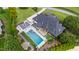 Backyard oasis with a pool, fire pit, and ample seating, framed by manicured greenery and a peaceful setting at 4725 Saratoga Falls Ln, Raleigh, NC 27614