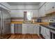 Bright kitchen featuring stainless steel appliances, white cabinetry, butcher block countertops, and modern fixtures at 6501 Battleford Dr, Raleigh, NC 27613