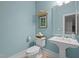 Neat powder room with light-blue walls, pedestal sink, and decorative accents at 100 Redfoot Run Rd, Chapel Hill, NC 27516