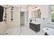 Bathroom featuring a glass enclosed shower, vanity, and modern fixtures at 110 Duckwood Ln, Cary, NC 27518