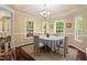 Formal dining room with tray ceiling, chandelier, hardwood floors and natural light enhances the dining experience at 126 Captains Ct, Durham, NC 27712