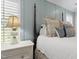 Bedroom with wood floor, accent wall, shutters, and nightstand with lamp at 175 Stonecrest Way, Pittsboro, NC 27312