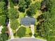 Aerial view of house showcasing the roof, driveway, and surrounding mature trees at 3109 Gold Dust Ln, Willow Springs, NC 27592