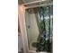 Close-up view of a updated shower with greenery-themed shower curtain at 521 S Lombard St, Clayton, NC 27520