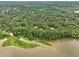 Scenic aerial view of homes nestled among lush, mature trees, bordering the serene lake at 5317 Moonflower Ct, Holly Springs, NC 27540