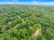 Drone shot shows a home with a sprawling tree canopy in a lush, green neighborhood at 5504 Earle Road, Raleigh, NC 27606