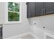 Functional laundry room with sleek gray cabinets, bright window, and available hookups at 5504 Earle Road, Raleigh, NC 27606