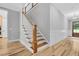 Elegant stairway with wooden steps and white banister, leading to the upper level at 5504 Earle Road, Raleigh, NC 27606
