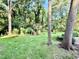 Expansive backyard with mature trees, a charming bridge, and lush landscaping at 5617 Partridge Ln, Raleigh, NC 27609