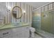 Bathroom showcasing striped wallpaper, vanity with sink, toilet and a shower at 5617 Partridge Ln, Raleigh, NC 27609