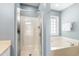 A bright bathroom with a shower, garden tub, vanity and blue walls at 8513 Buscot Ct, Raleigh, NC 27615