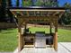 Outdoor kitchen featuring a stainless steel grill, stone counter tops, and backyard view at 1016 Buckhorn Rd, Garner, NC 27529