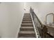 Carpeted staircase with decorative wrought iron spindles leading to the upper level of the home at 3215 Retama, New Hill, NC 27562