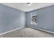 This bedroom features neutral carpet, blue walls, and a window with a view of the neighborhood at 3604 Rivermist Dr, Raleigh, NC 27610