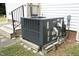 Close-up of a modern, efficient air conditioning unit with visible railings and brick foundation at 409 Glaive Dr, Durham, NC 27703