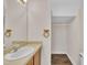 Well-lit bathroom featuring a neutral color palette, a vanity, and wood-look flooring at 4309 Birmingham Way, Raleigh, NC 27604