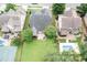Aerial view of backyard with a pool, patio, lush green lawn, and mature trees at 5629 Clearsprings Dr, Wake Forest, NC 27587