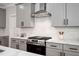 Close up of kitchen features including stainless steel stove and range hood, subway tile backsplash, and dark hardware at 703 E Markham Ave, Durham, NC 27701