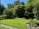 Well-manicured backyard with lush greenery, mature trees, and stone accents create a private retreat at 1320 Shepherd St, Durham, NC 27707