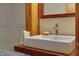 Close-up of bathroom featuring a stylish sink, mirror and an enclosed tub and shower at 1320 Shepherd St, Durham, NC 27707