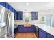 Modern kitchen with blue cabinets, hardwood floors, stainless appliances, and granite countertops at 2101 Piney Brook Rd # 102, Raleigh, NC 27614