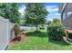 A well-maintained backyard showcasing a lush lawn, mature trees, and a privacy fence at 22 Evie Dr, Smithfield, NC 27577