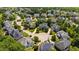 High-angle view of a residential neighborhood featuring tree-lined streets, diverse homes, and cul-de-sacs at 307 Beacon Falls Ct, Cary, NC 27519