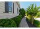 Landscaped side yard featuring a brick walkway and manicured shrubs leading to the home's entrance at 307 Beacon Falls Ct, Cary, NC 27519