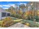 A concrete patio and trees accentuate this grassy backyard at 513 Woodson Dr, Clayton, NC 27527