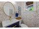 Chic powder room featuring patterned wallpaper, modern fixtures, and stylish decor at 105 Jolyn Pl, Chapel Hill, NC 27517