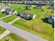 Aerial perspective displaying a home with a large, green yard in a quiet neighborhood with other homes and amenities at 108 Hudson Dr, Princeton, NC 27569