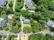 Aerial view showcasing a residential area with tree-lined streets and well-maintained homes nestled among greenery at 1610 Ridge Rd, Raleigh, NC 27607