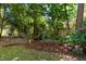 Landscaped backyard with lush garden beds, blooming hydrangeas, and a calming pond with a waterfall at 1610 Ridge Rd, Raleigh, NC 27607