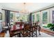 Bright dining area featuring a chandelier and windows with lush outdoor views at 1610 Ridge Rd, Raleigh, NC 27607