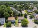 An aerial shot captures the neighborhood's layout, revealing tree-lined streets and well-maintained homes at 2037 Summer Shire Way, Raleigh, NC 27604