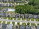 Aerial view of a residential neighborhood showcasing the street layout and community with mature trees at 274 Marsh Creek Dr, Garner, NC 27529