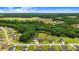Sweeping aerial view of a neighborhood with houses nestled among lush trees and open fields, showcasing serene country living at 282 Brodie Rose Landing Way, Smithfield, NC 27577