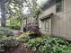 Tranquil backyard with mature trees, lush plants, and a screened porch at 2900 Sylvania Dr, Raleigh, NC 27607