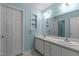 Bathroom featuring double vanity sinks, a mirror, and blue walls at 304 Foxcroft Dr, Timberlake, NC 27583