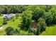 Aerial view of a tranquil pond nestled amongst lush trees and green grass on a sprawling estate at 3511 Corbett Rd, Mebane, NC 27302