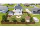 Aerial view of backyard with privacy fence, mature trees, and stone fire pit feature at 413 Hallie Long Ln, Burlington, NC 27217